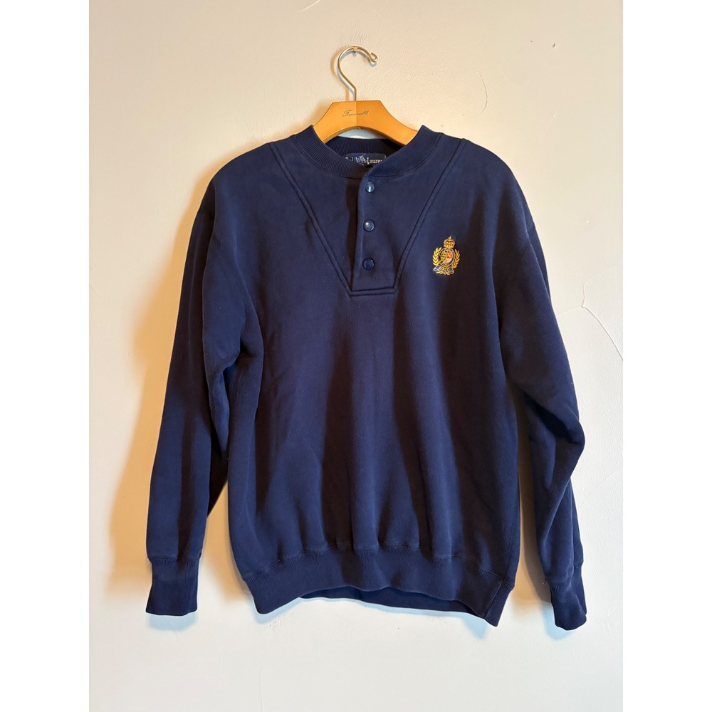 Vintage Ralph Lauren Navy Blue Henley Crest Logo Sweatshirt Womens Small